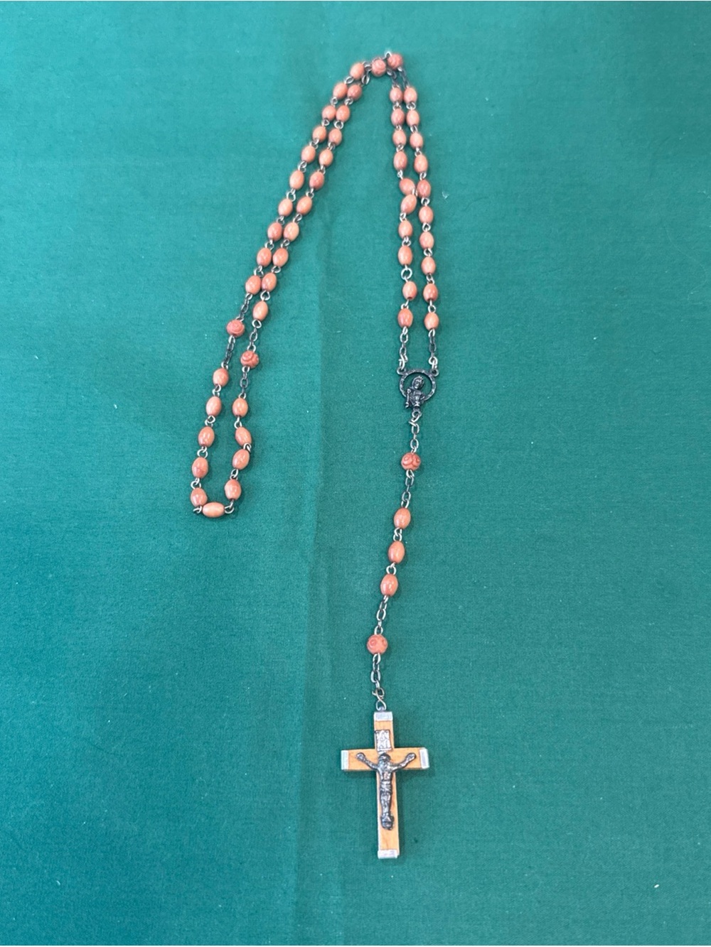 Catholic Rosary Featuring Light Brown Colored Beads With Wooden Cross.  114D